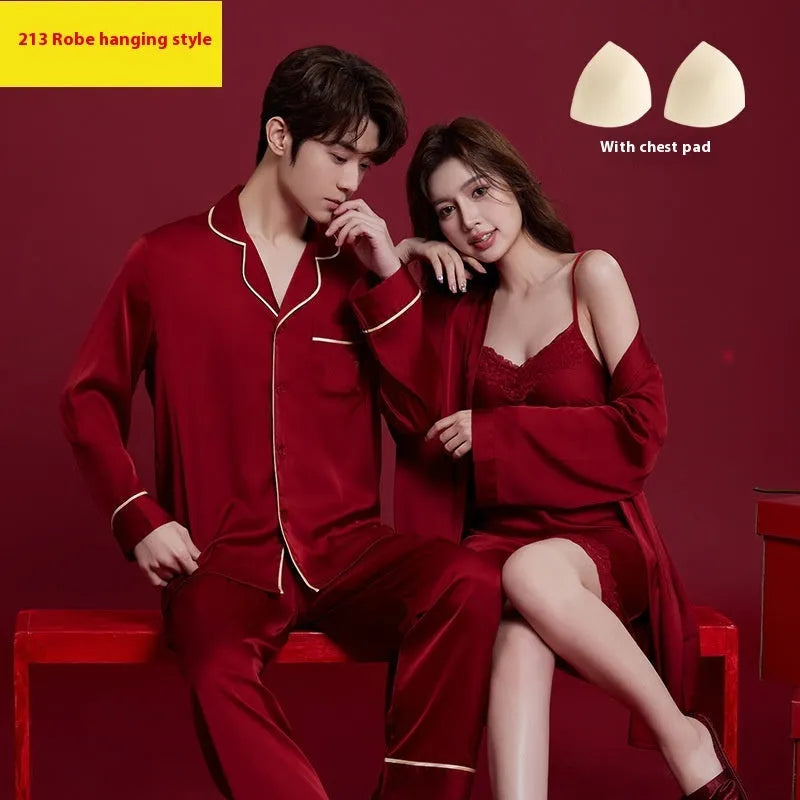 Red ice silk wedding sleepwear set for men and women with long sleeves and trousers