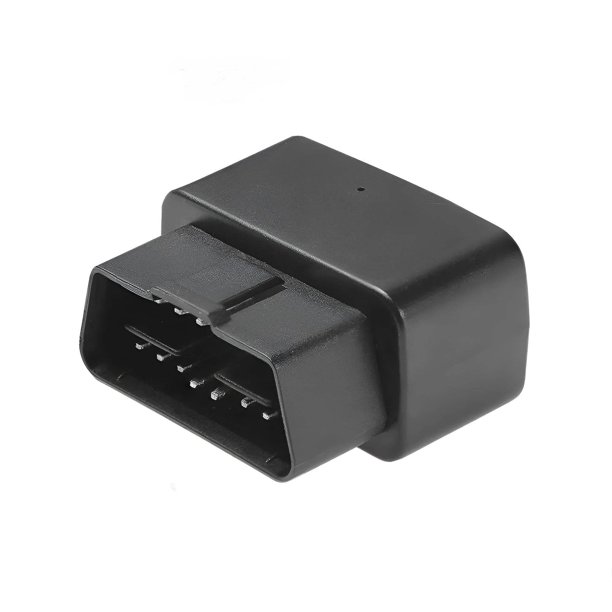 Black car OBD GPS locator with quad positioning (GPS, BeiDou, Wi-Fi, LBS) and IPX-6 waterproof rating, shown plugged into a vehicle OBD port