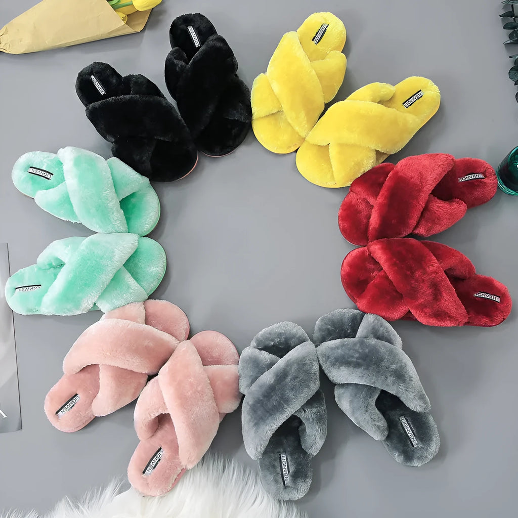 Cross open-toe fur slippers in multiple colours showing the patterned non-slip sole and anatomical heel design.