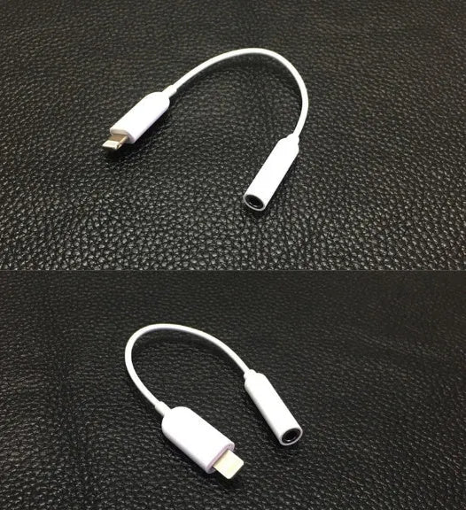White Lightning to 3.5mm audio adapter cable for iPhone headphones, showing 8-pin connector and 12cm length.