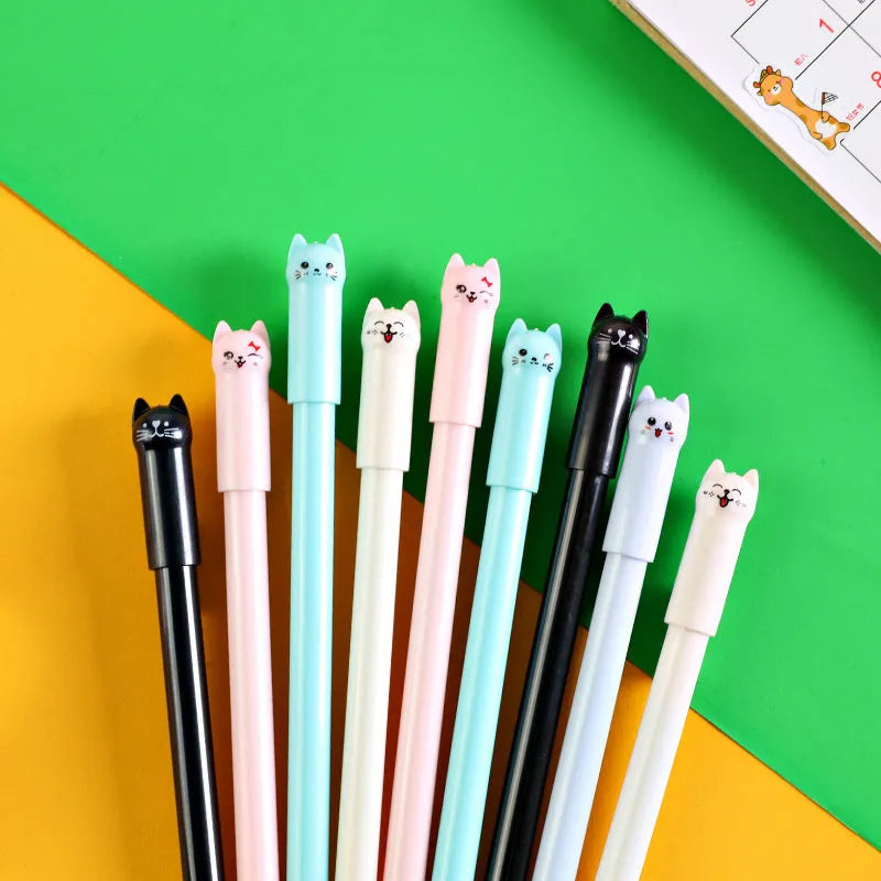 Cute pendulum cat gel pen with swinging charm, 0.5mm tip, shown in multiple ink colours.