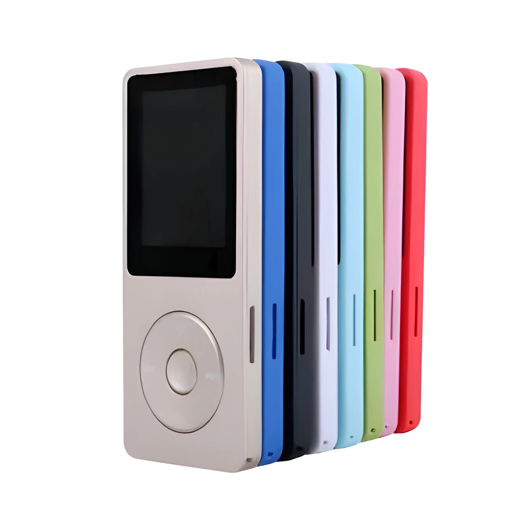 A slim, colourful 1.8-inch screen MP4 player showing a music interface, highlighting its long battery life and FM radio.