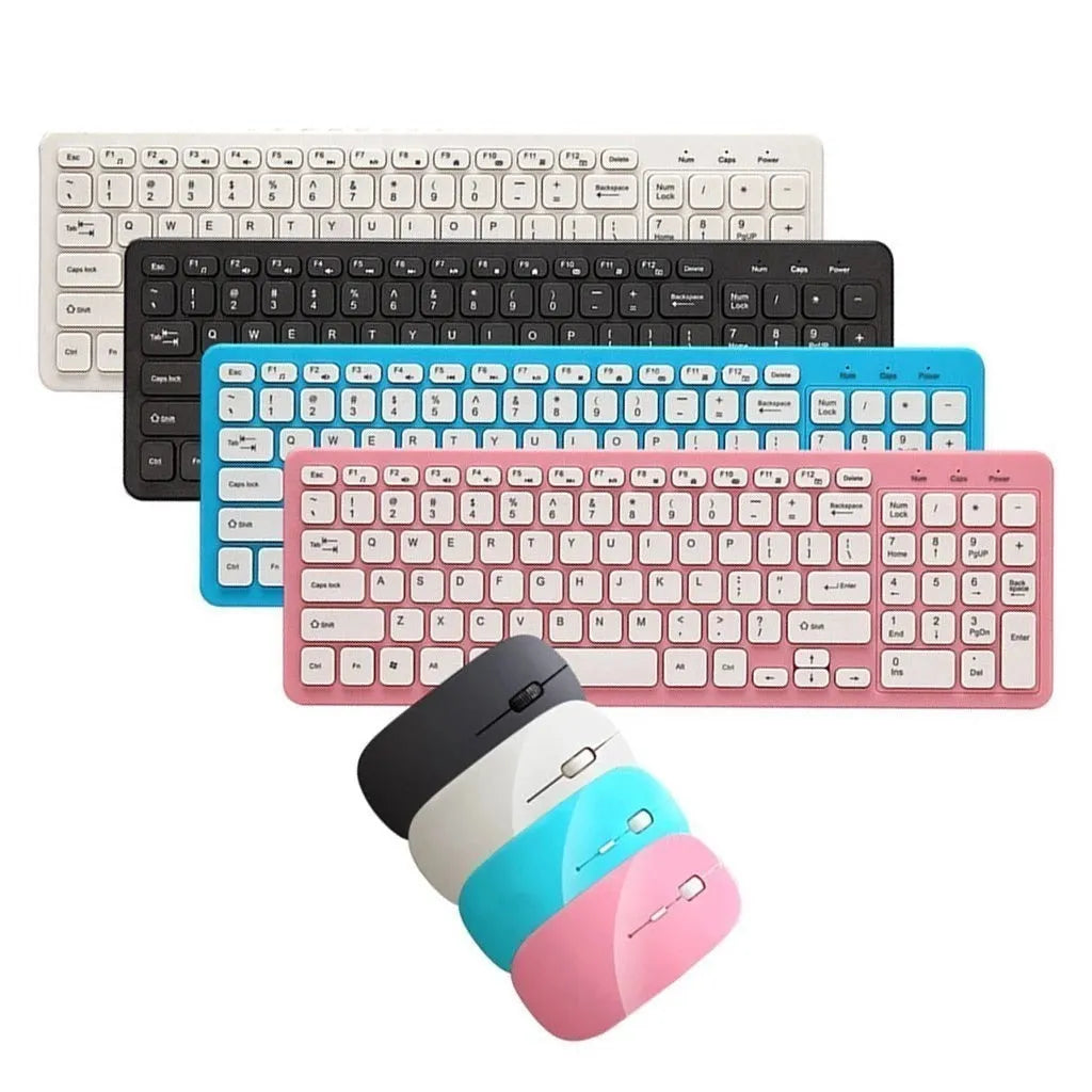 Wireless keyboard and mouse set showing black version with 96-key layout and ergonomic design