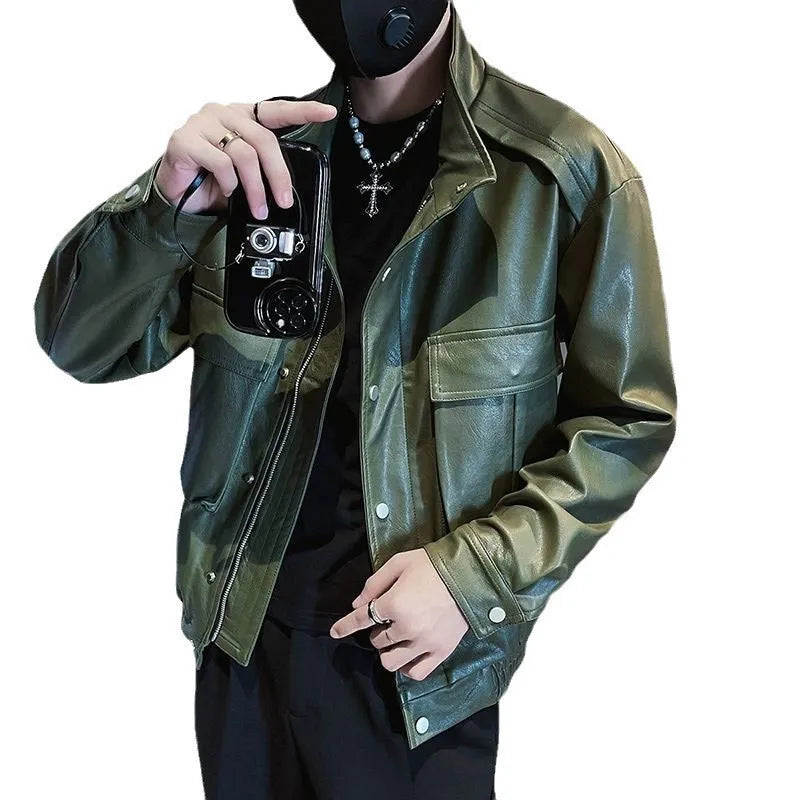 Korean style black PU leather jacket for men with straight hem and no hood