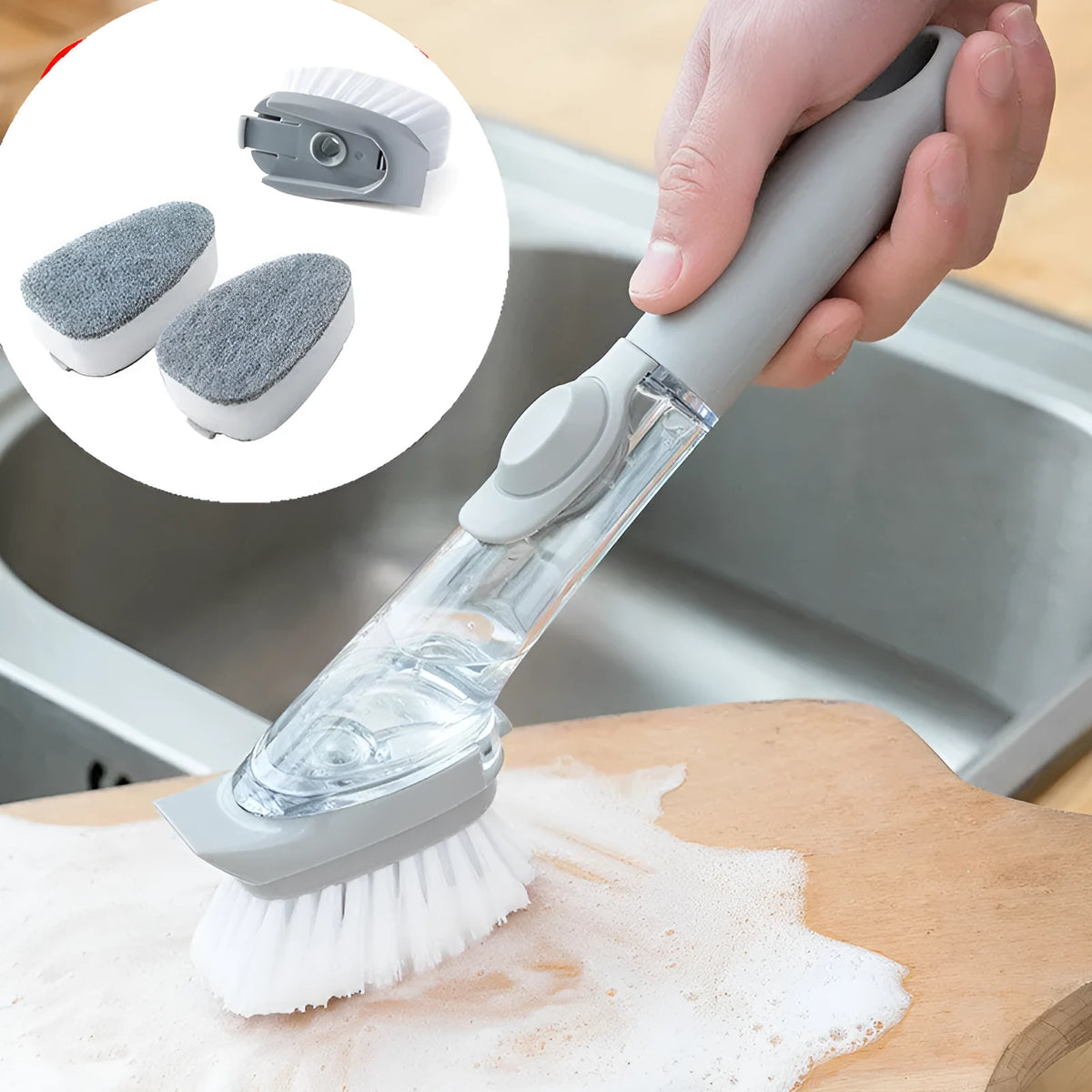 2 in 1 long handle cleaning brush with removable brush head and sponge attachment, PP and nylon materials, kitchen dishwashing tool