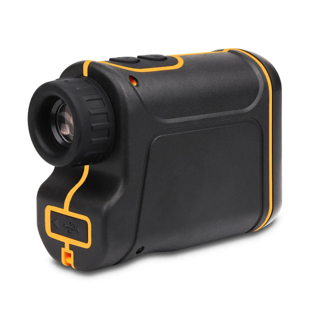 Handheld golf rangefinder device showing compact design for outdoor distance measurement