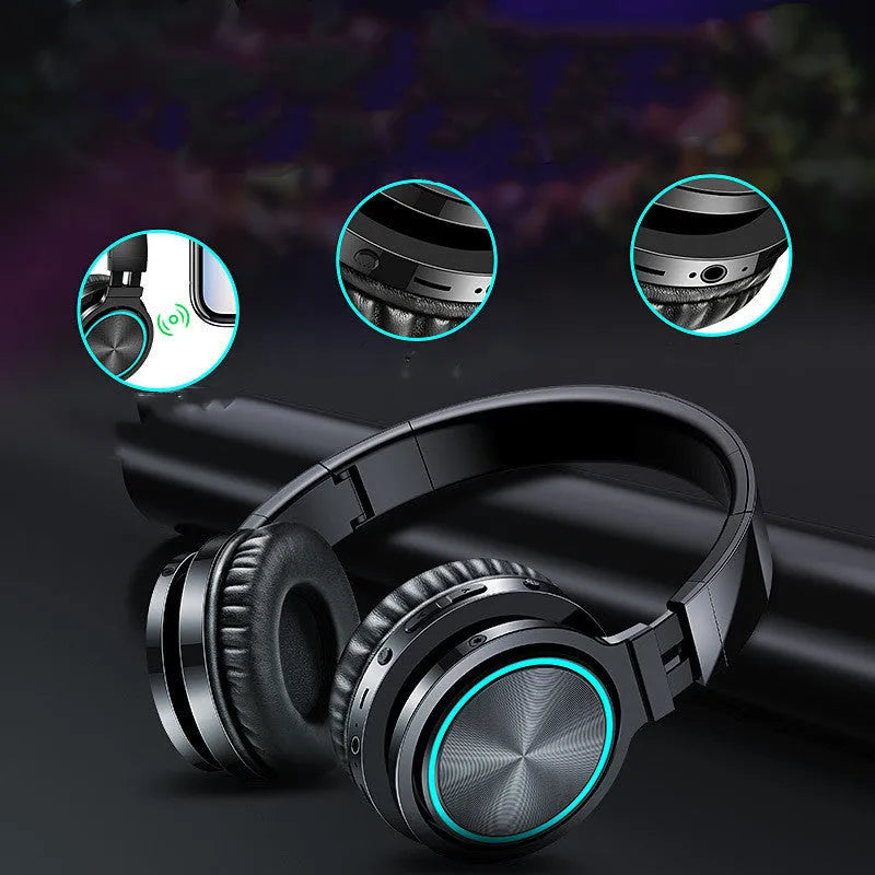 B12 wireless folding Bluetooth headset shown in black, black and red, and white and grey colour variants.