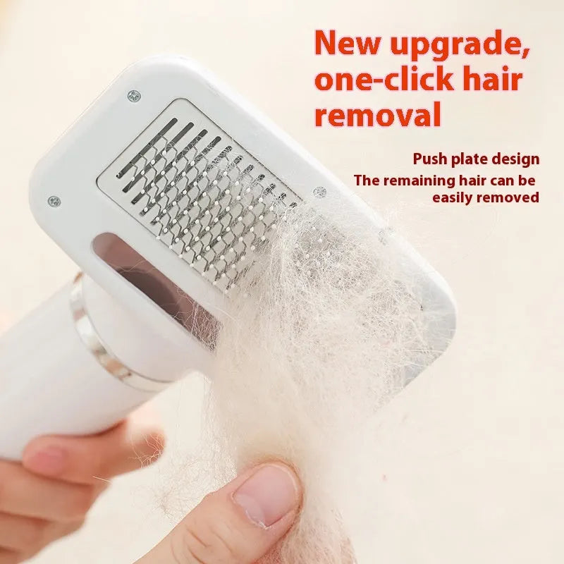 A beige pet hair dryer and a blue whirlpool comb for dog grooming and deshedding.