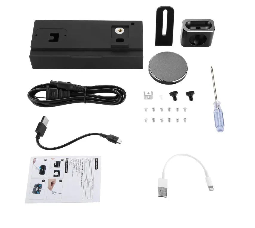 Black eight-in-one wireless charging station with bracket design showing five USB ports and wireless charging pad