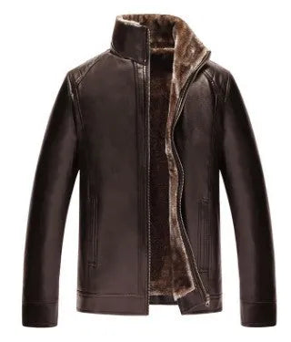 Men's winter PU faux leather biker jacket with polyester lining, zip front, black or brown, sizes XL to 5XL