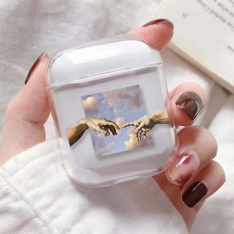 Transparent plastic protective cover for Apple AirPods charging case showing compatibility with AirPods and AirPods Pro