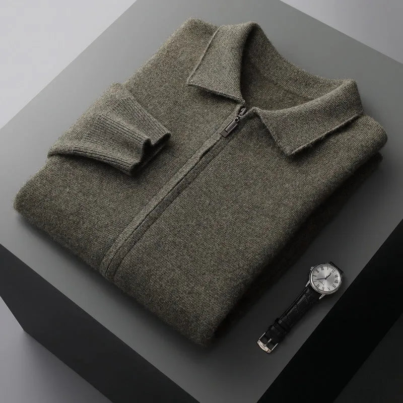Pure wool men's cardigan with turn-down collar, knitted build, available in camel colour