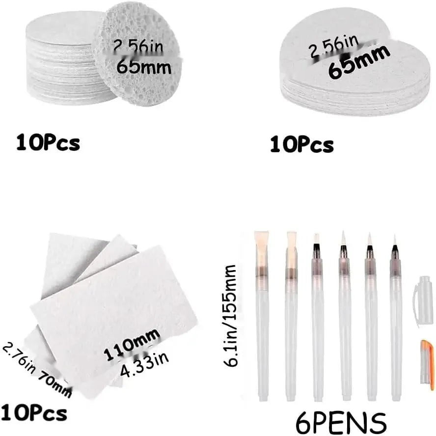 Cartoon painting sponge set with wood pulp paper, six fountain pens, and heart, round, and square shaped sponges