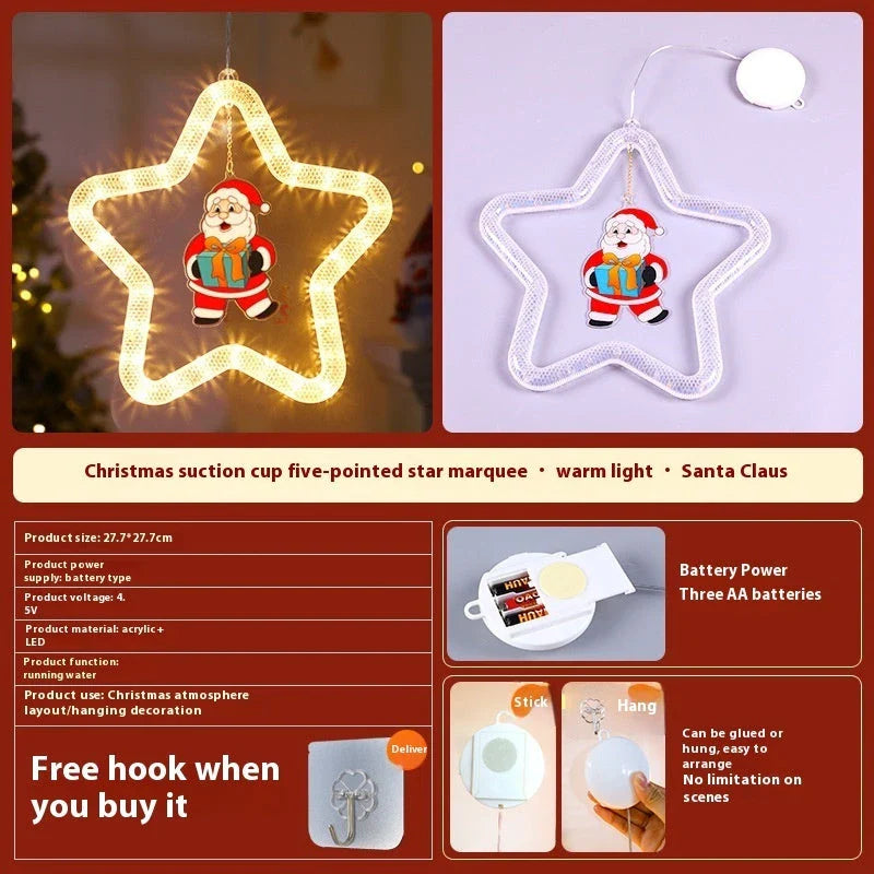 Illuminating 5-point LED star decoration with various festive designs, perfect for holiday decor on windows, doors, and more