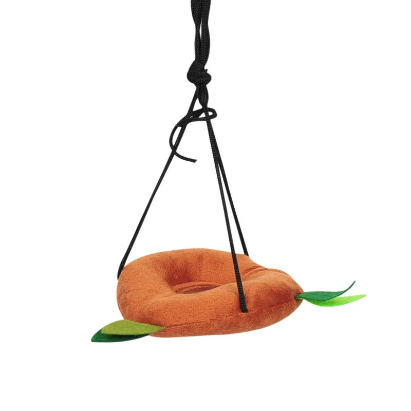 Plush toy hamster tree with round swing and triangle hammock attached to cage via metal buckle