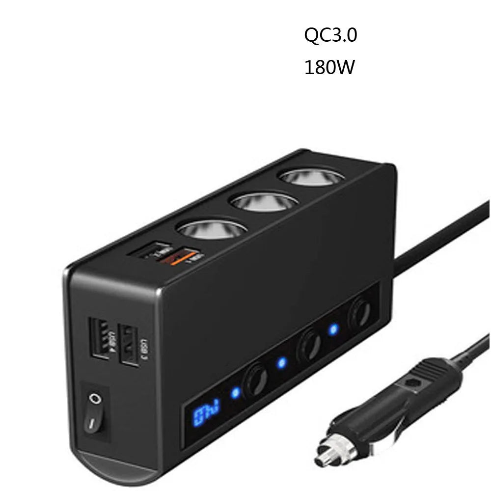 Black and red 3-port QC3.0 car charger with 70cm cable, ABS body 13x7.4x3cm.
