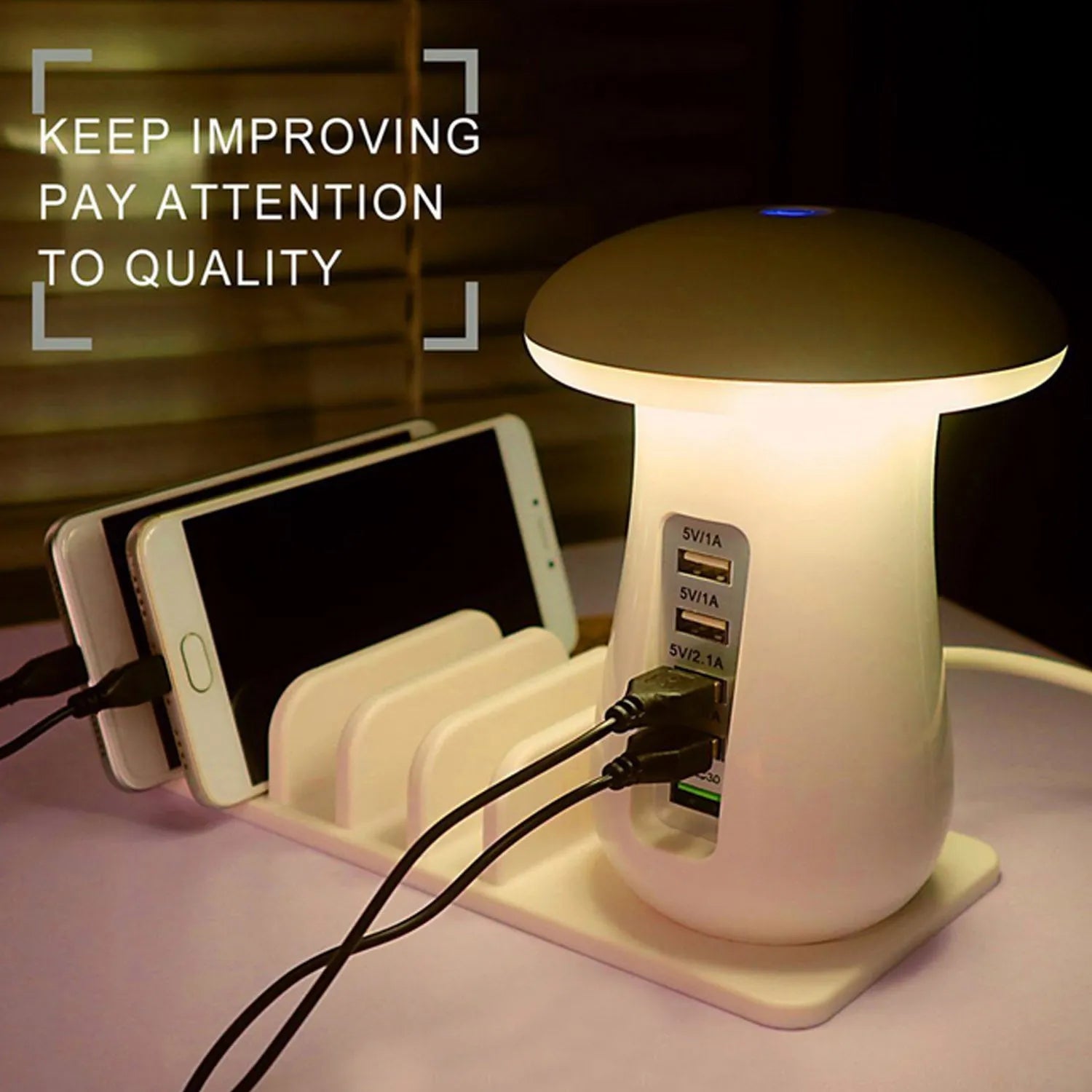 Besegad 5-port USB charging station with mushroom-shaped LED night light on desk