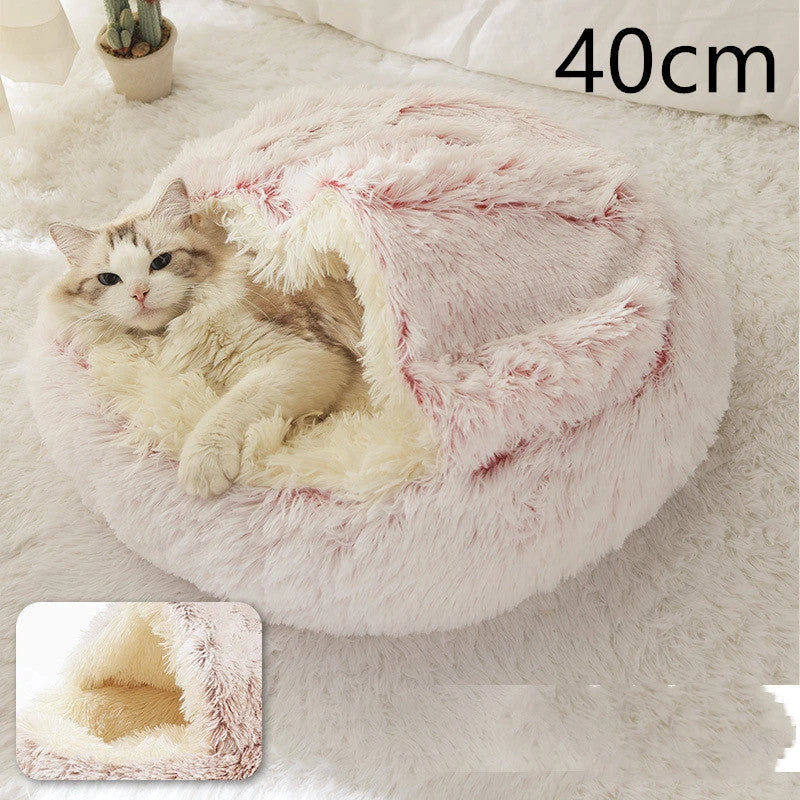 A soft, plush pet bed in various colors, including olive green, brown, pink, and grey, designed for the comfort and relaxation of cats and dogs.