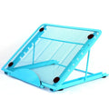 Adjustable folding laptop stand in silver, shown at an angle supporting a laptop.