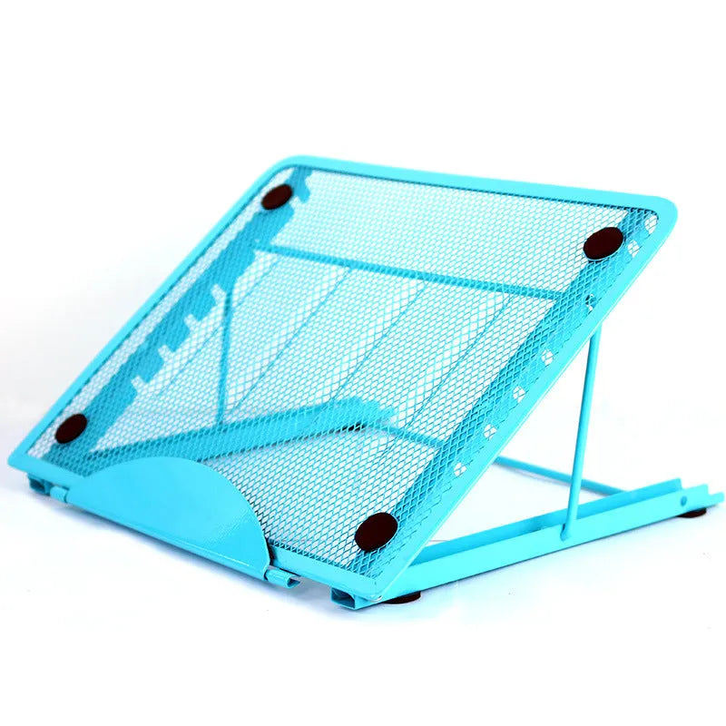 Adjustable folding laptop stand in silver, shown at an angle supporting a laptop.