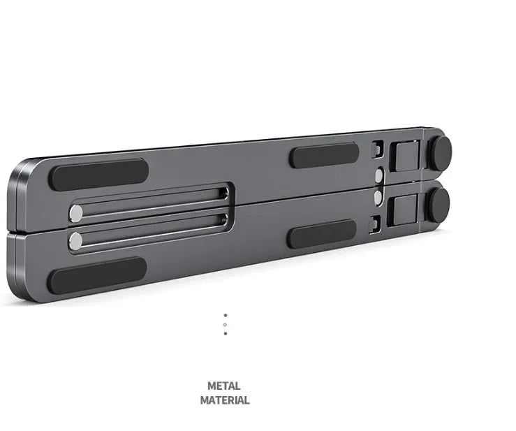 Aluminium foldable laptop stand in silver colour showing adjustable height and compact folded size.
