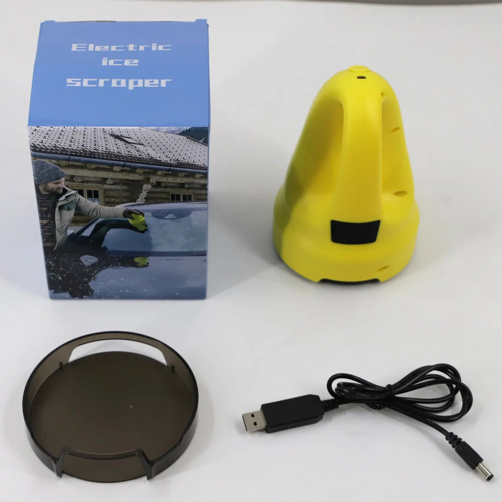 Yellow electric car ice scraper with ABS body, 3000mAh battery, USB charger, protective cap, and rotating removal disc, 16x11x11cm