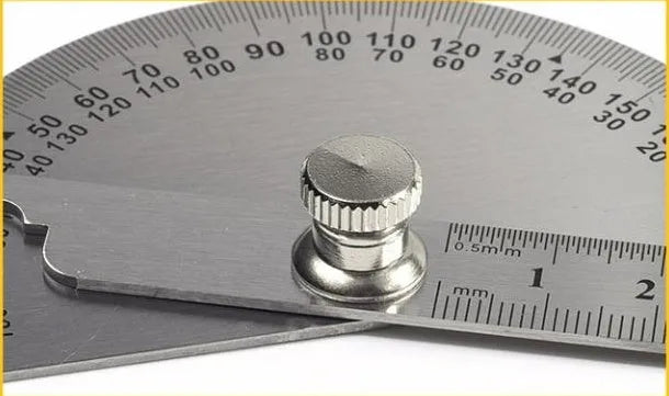 Adjustable plastic protractor ruler showing 180 degree measurement scale