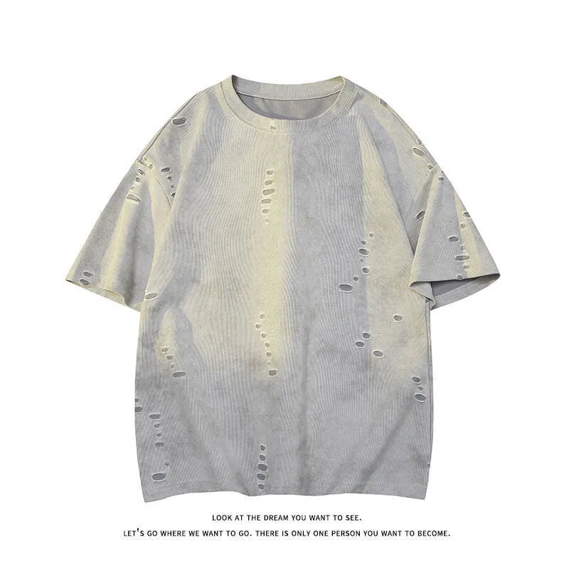 Men's loose fit ripped short sleeve cotton blend T-shirt in blue grey khaki colours