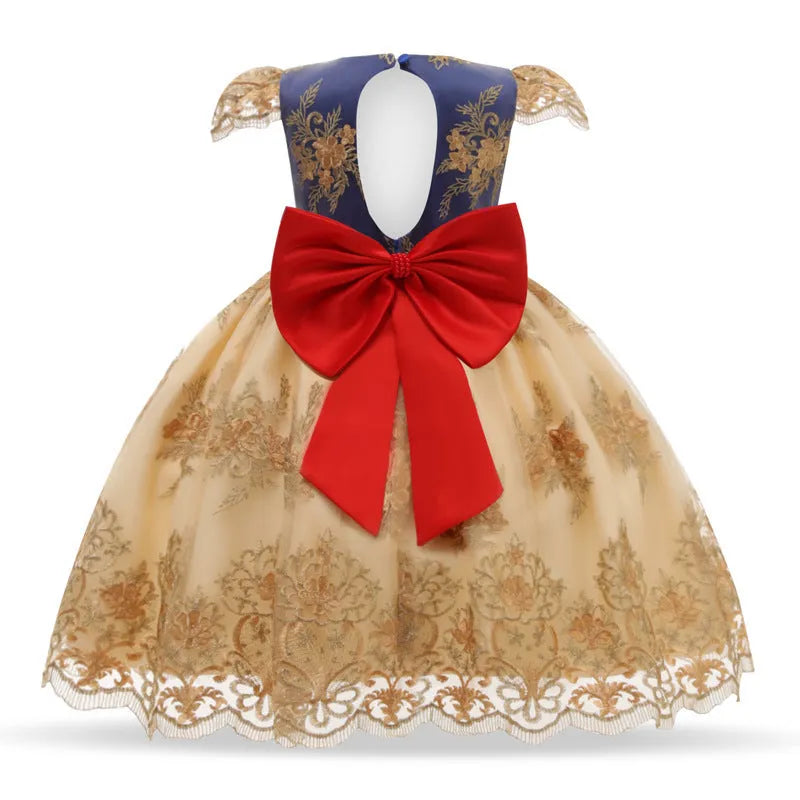 Blue girls puffy princess dress with lace bow on front, cotton blended fabric, European style, size 110cm for age 3-4