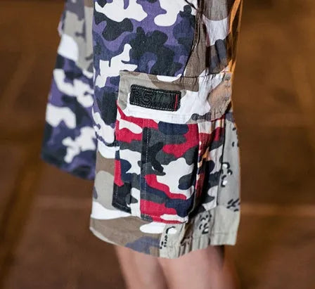 Men's loose fit camouflage five-point cotton trousers, mid-rise waist, available in sizes M to 5XL