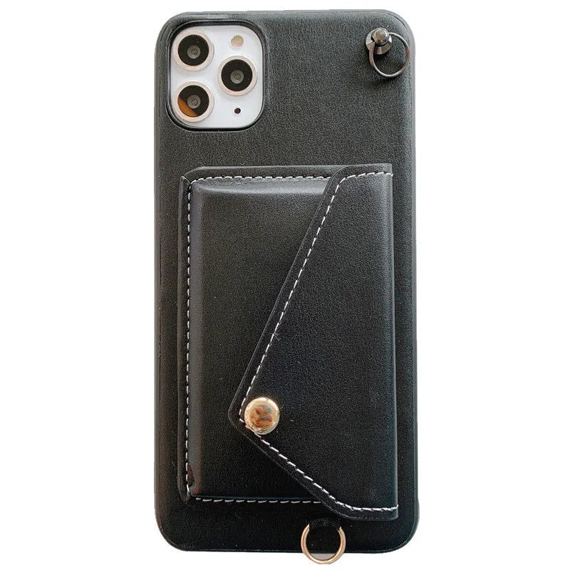 Imitation leather iPhone back cover with 3D coin purse, card slot and messenger rope in black, blue, khaki or red.