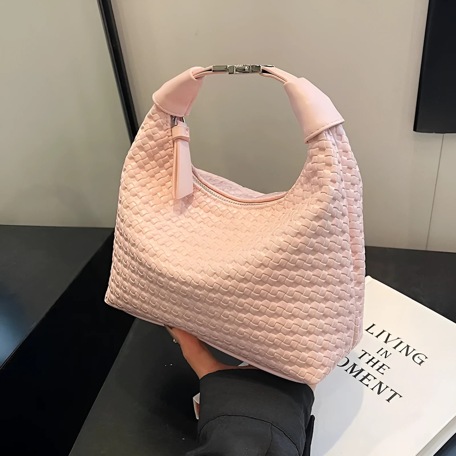 Soft PU leather messenger bag in bucket shape with internal document compartment, shown in a choice of colours.
