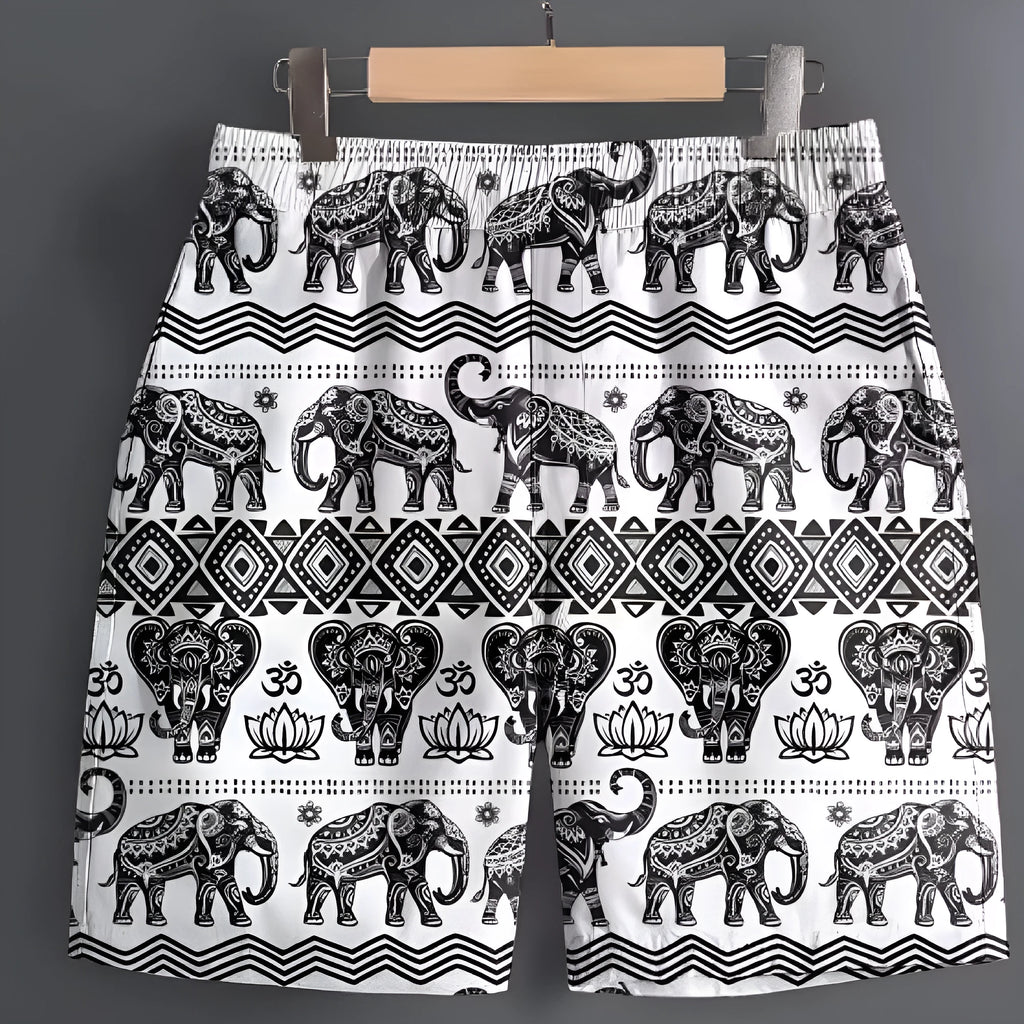 Men's casual polyester sports shorts in multiple patterns including stripes and camouflage designs