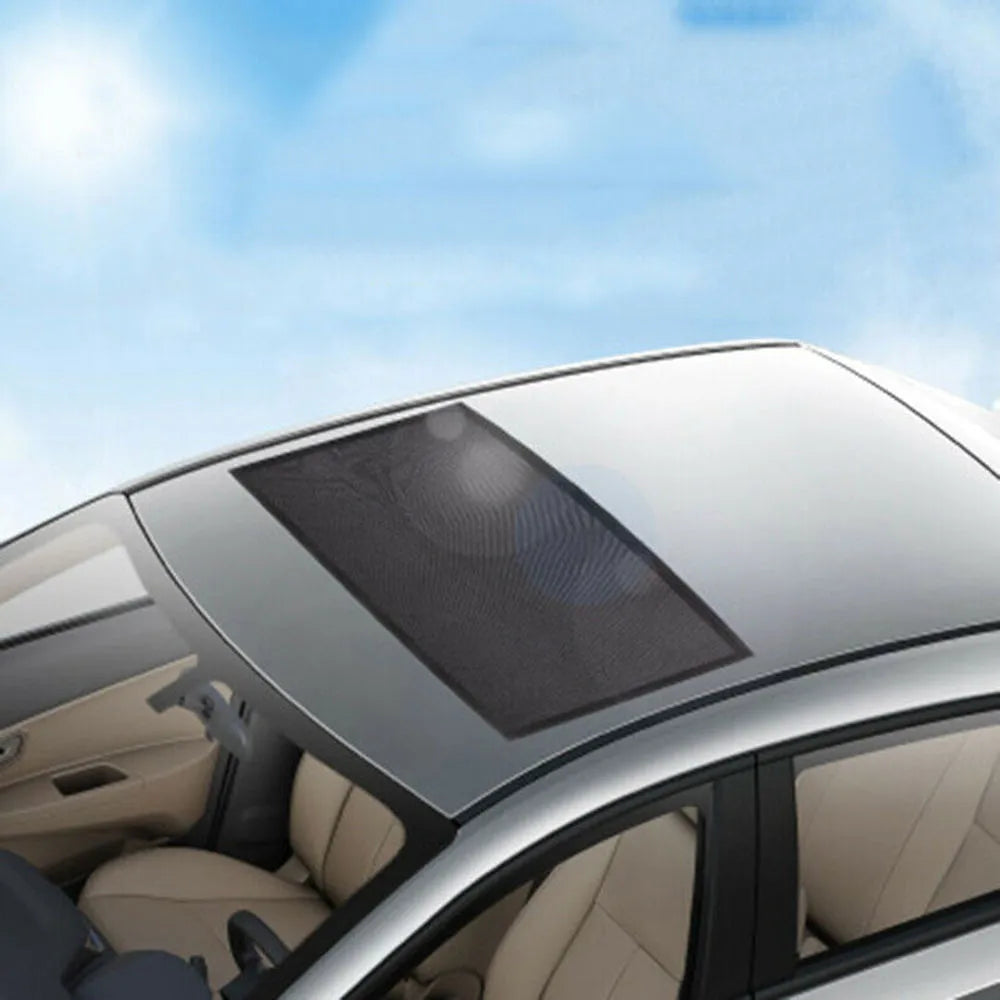 Black car sunroof sunshade, 95cm by 55cm, with silver coating and magnetic hardware for vehicle skylight.