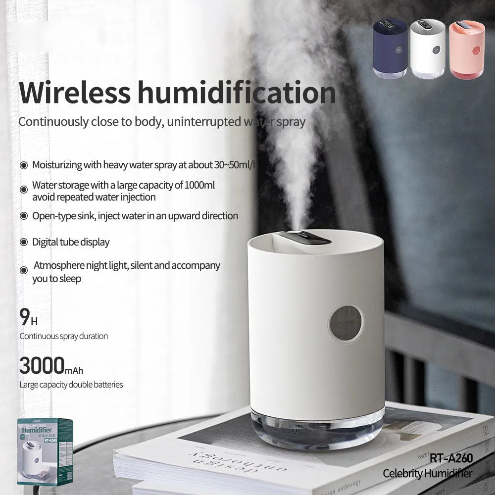 Blue wireless USB humidifier with water tank for rooms up to 10 square metres