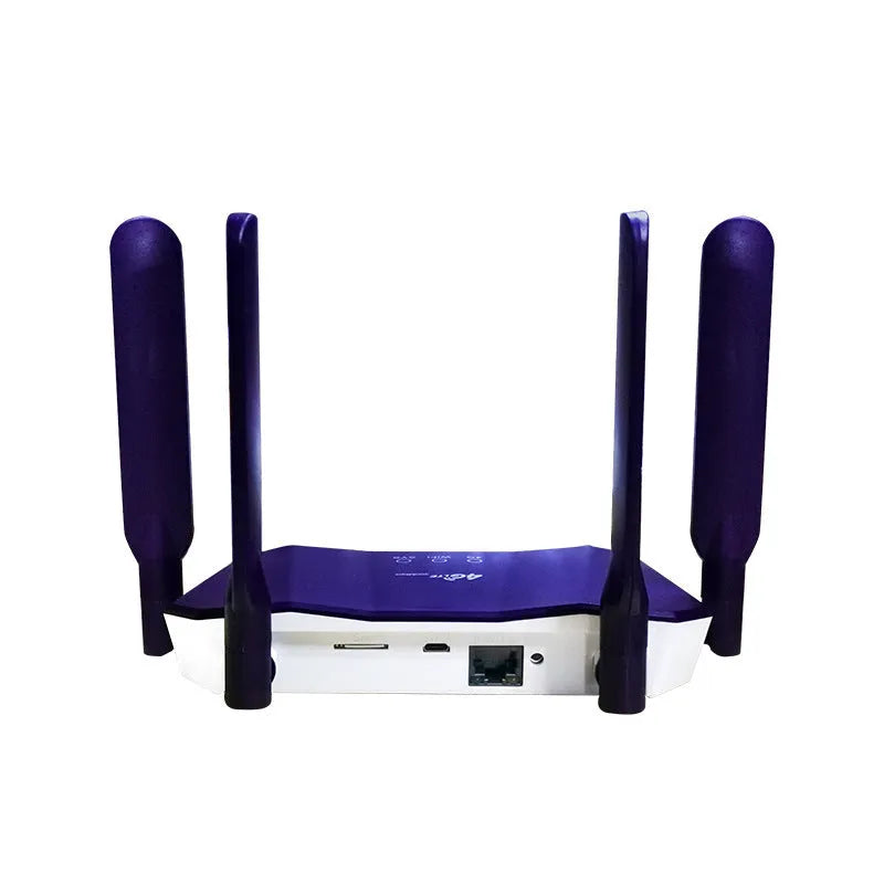 Blue 4G dual-mode router with four external antennas on a desk.
