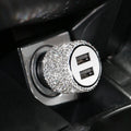 Diamond-textured dual USB car charger in red, white, black, pink, and AB colours for 12V cigarette lighter sockets.