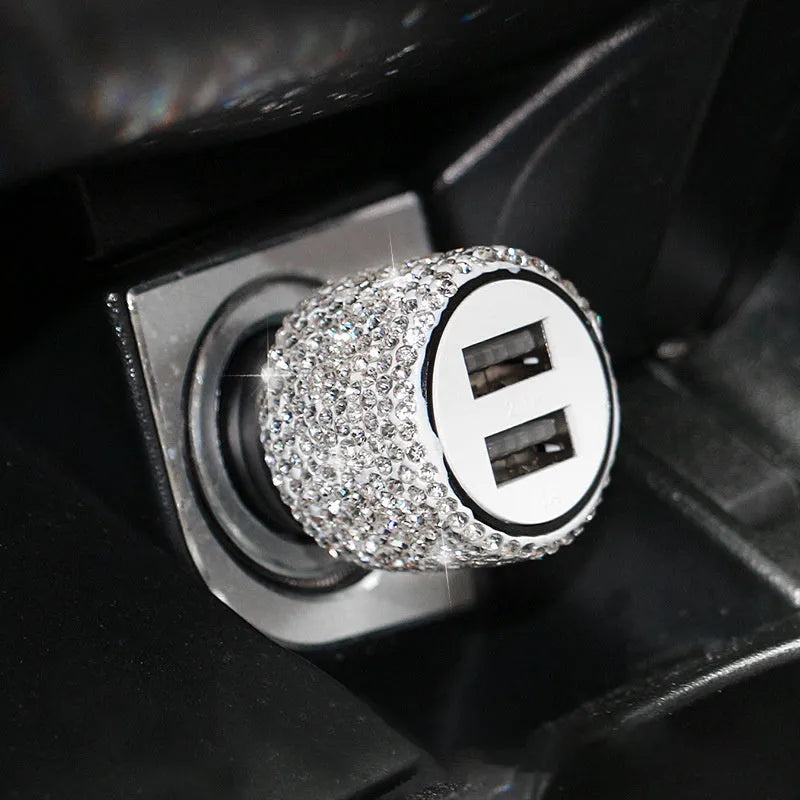 Diamond-textured dual USB car charger in red, white, black, pink, and AB colours for 12V cigarette lighter sockets.