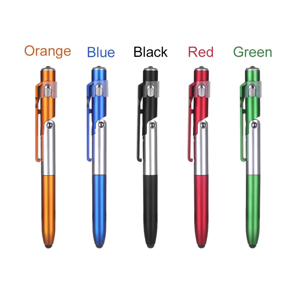 4-in-1 folding light pen mobile phone holder showing pen, phone stand, and LED light functions