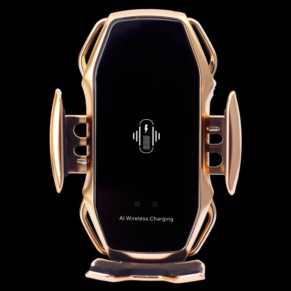 A car phone holder with USB charging port in black, blue, gold, and red colour options.