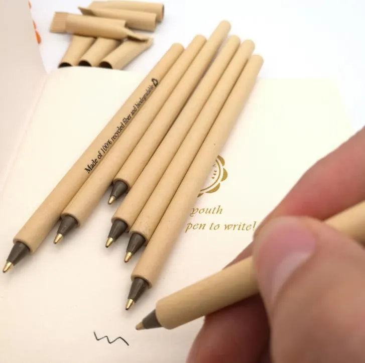 Kraft paper tube ballpoint pen with 1.0mm bullet nib, 15.5cm length.