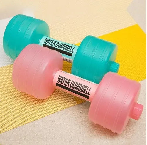 Pair of water-filled fitness dumbbells in pink and green, polypropylene, approximately 1kg each when filled