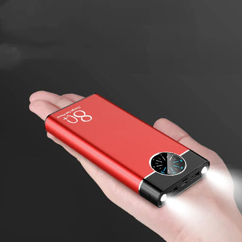 20000mAh alloy shell mobile power bank with LED flashlight in black, red, and blue colour options