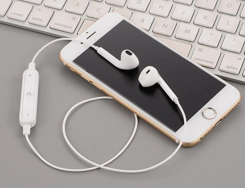 S6 wireless Bluetooth headset for iPhone in Black, White, Champagne Gold, or Silver colour options.