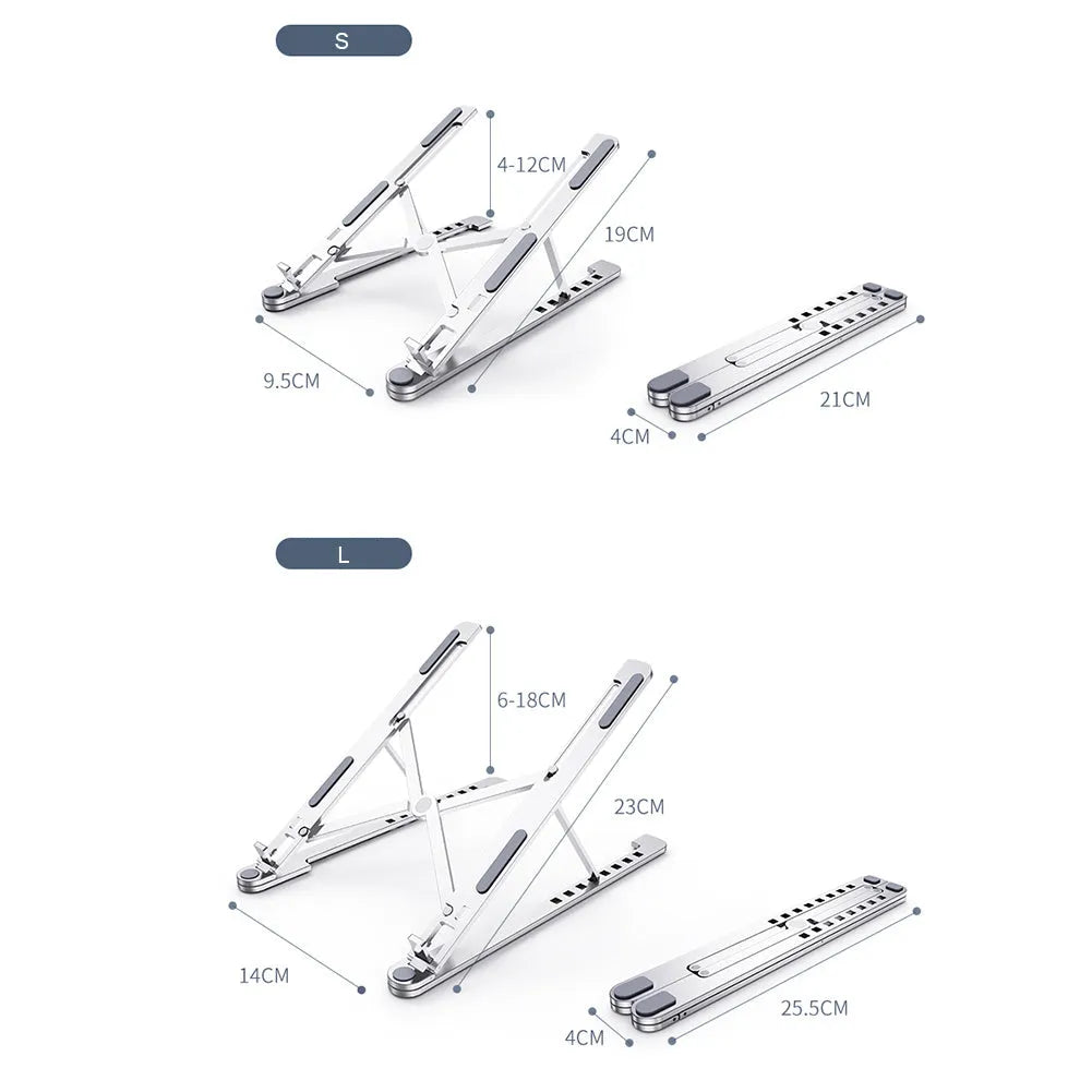 Aluminium foldable laptop stand in silver colour showing adjustable height and compact folded size.