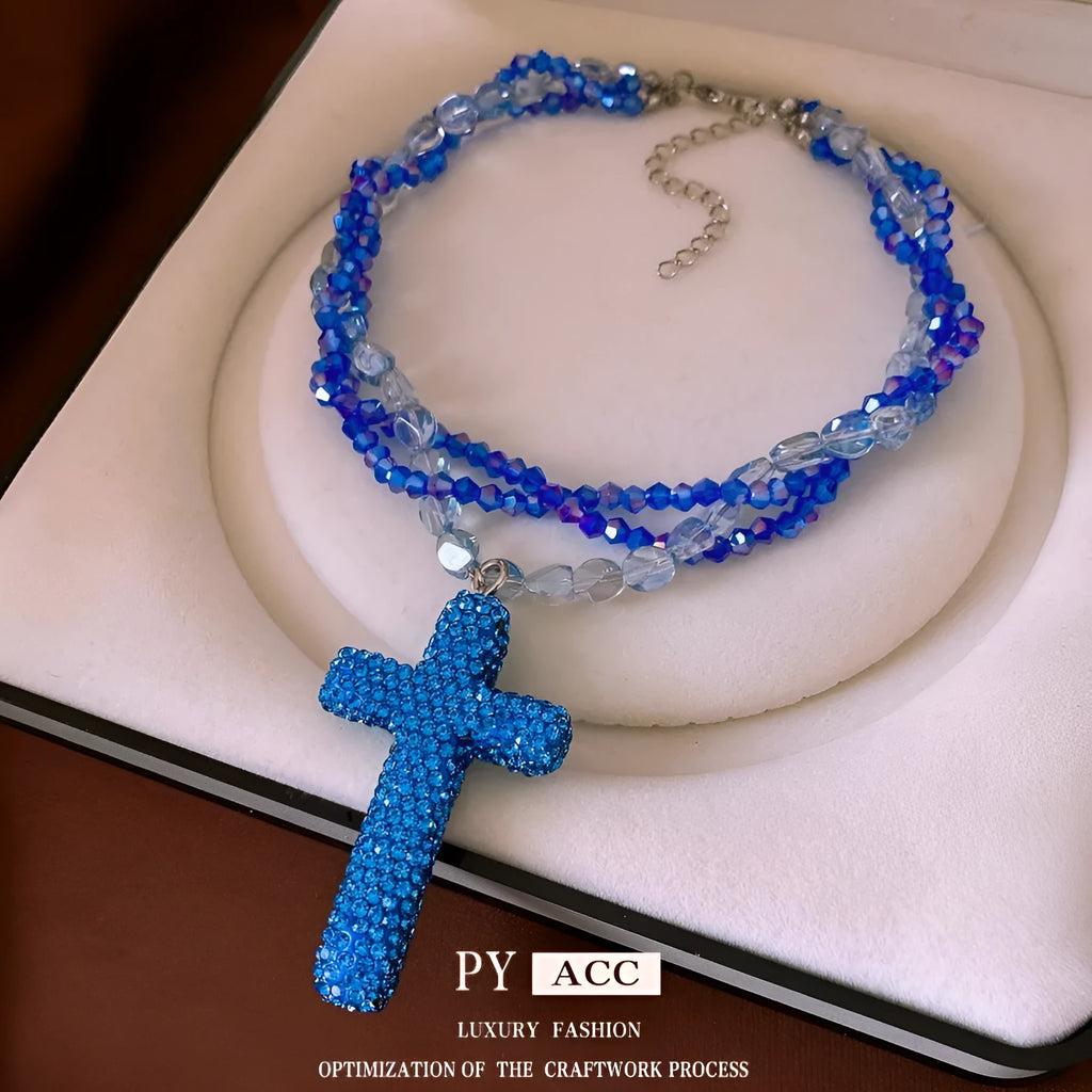 Multi-layer micro glass bead diamond-studded necklace in silver-blue with adjustable clavicle chain