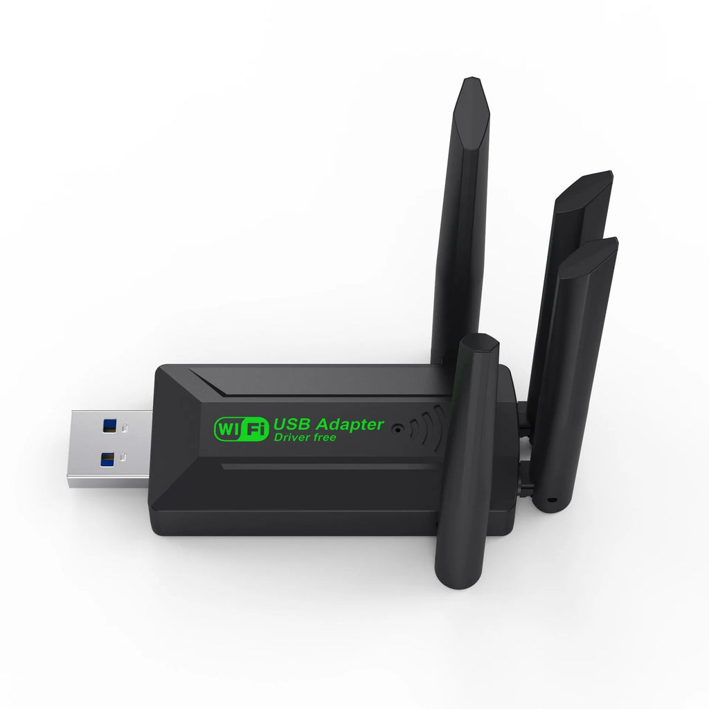 Black USB WiFi network transmitter dongle with four extended external antennas.