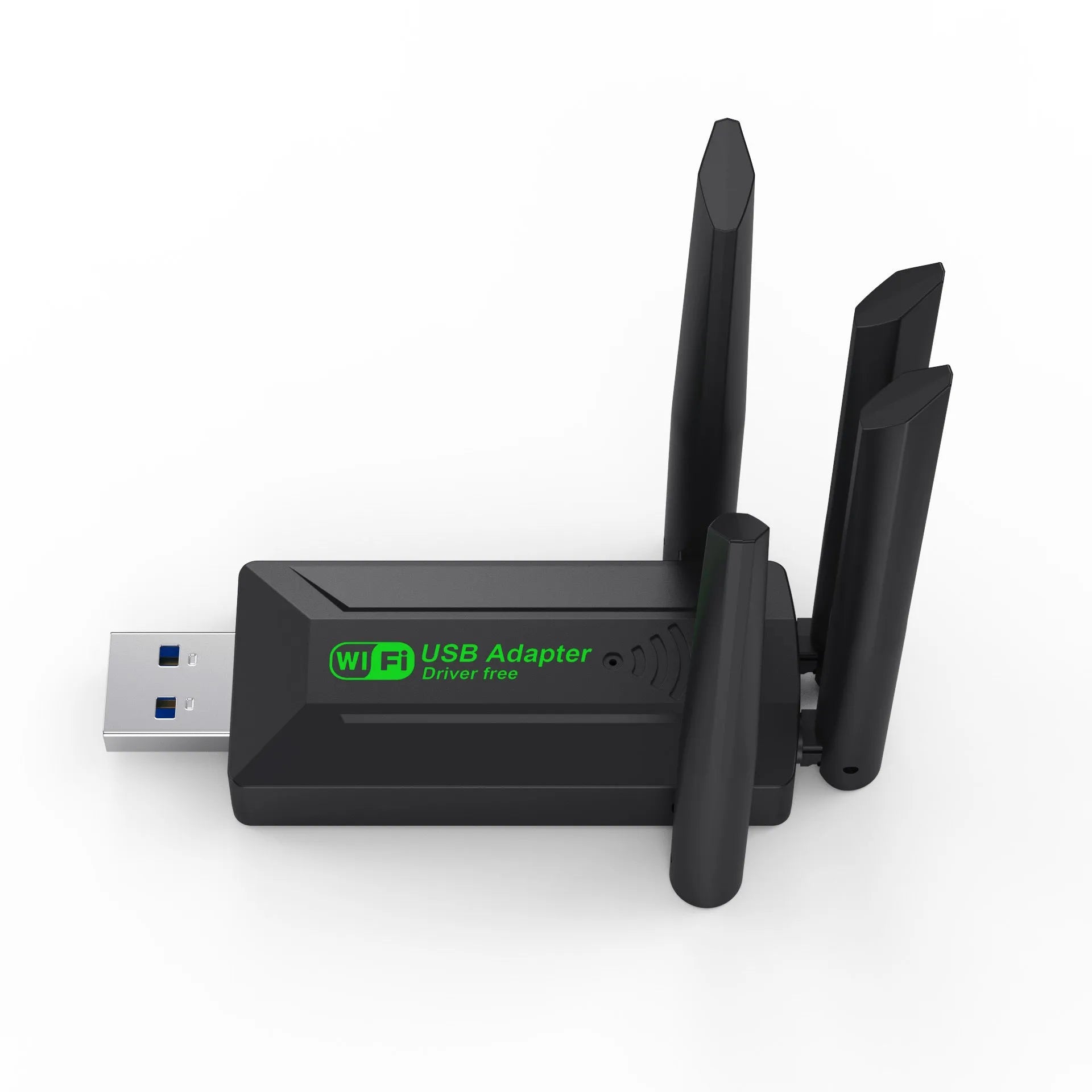 Black USB WiFi network transmitter dongle with four extended external antennas.