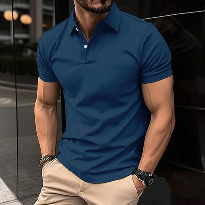 Men's short sleeve polo shirt in various solid color options, featuring a button-down collar and comfortable cotton-blend fabric