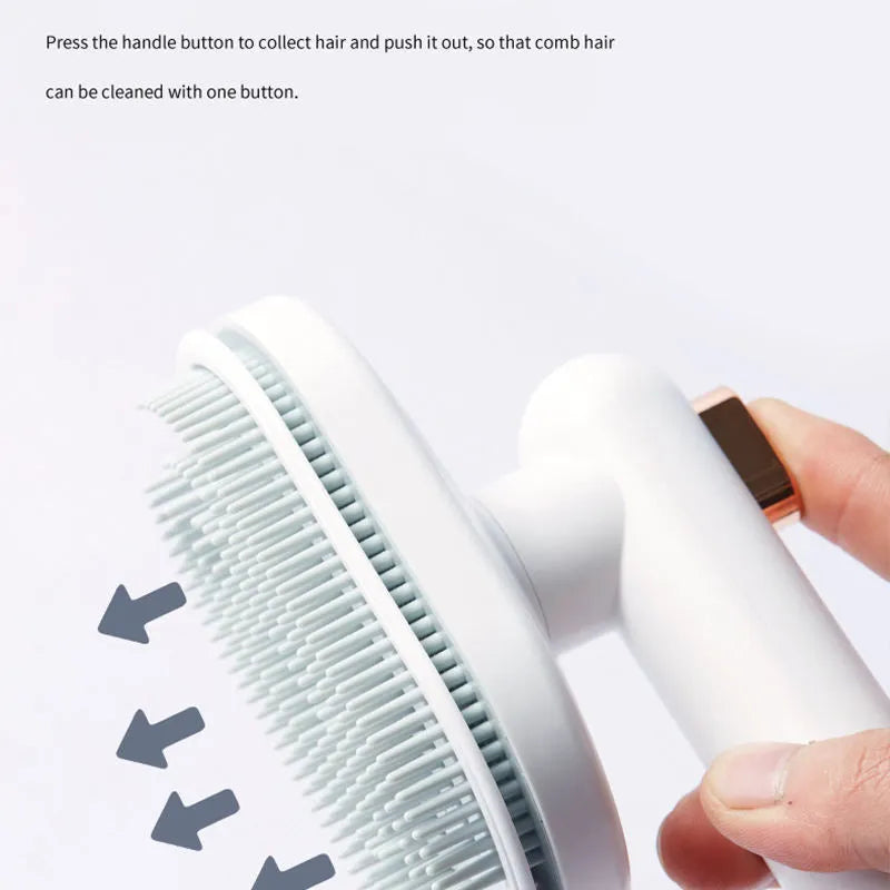 Self-cleaning pet comb for dogs with arc needle head in white, light blue, dark blue options on clean background